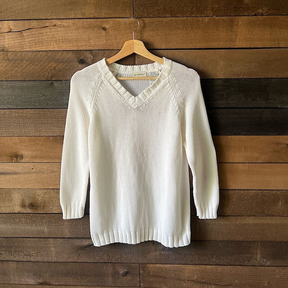Vintage White Stag Knit Sweater White V Neck Pullover Classic